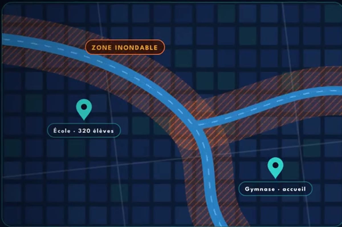 Illustrated map of the confluence of the Seine and the Marne, showing the flood zone and a shelter